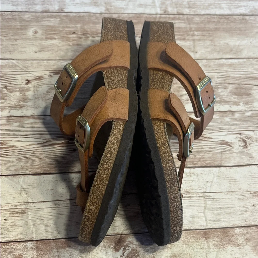 Birkenstock Brown Leather Sandals with Gold Buckles